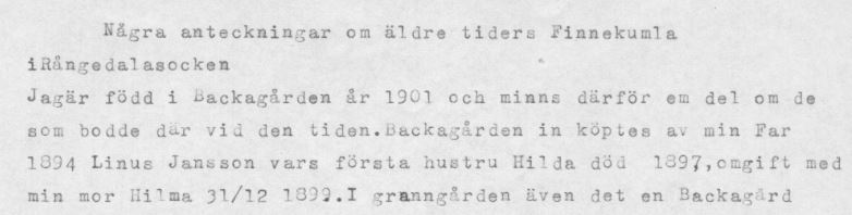 Inledningen av "Några anteckningar om äldre tiders Finnekumla i Rångedala socken"