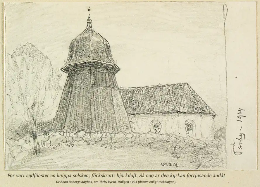 Teckning föreställande Tärby klockstapel och kyrka, daterad 1924.