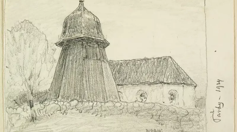 Teckning föreställande Tärby klockstapel och kyrka, daterad 1924.